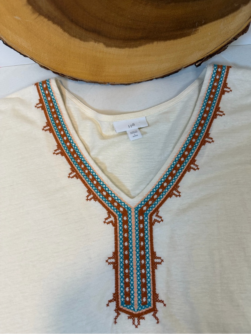 J. Jill Linen Blend Cream Embroidered V-Neck Top Dolman Sleeves Large Petite - Picture 5 of 6